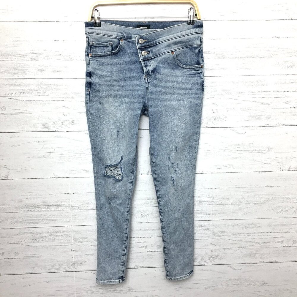 Express Women's Jeans Cropped Skinny High Rise Criss Cross Front Distressed 6